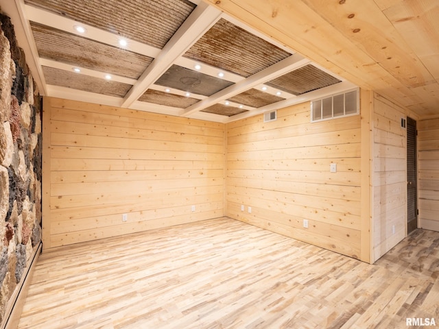 2810 Deveron Cir, Pekin, IL 61554 - empty room featuring wood finished floors, wood walls, a wood ceiling with exposed beams, and recessed lighting