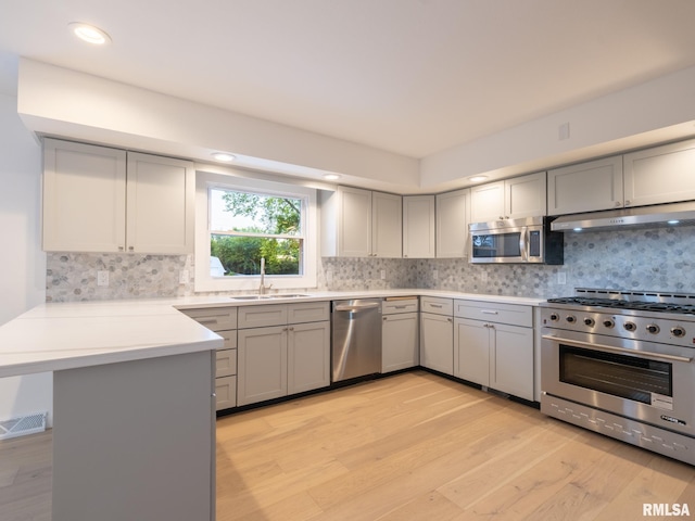 2810 Deveron Cir, Pekin, IL 61554 - kitchen featuring stainless steel appliances, gray cabinetry, light wood-type flooring, a peninsula, and tasteful backsplash