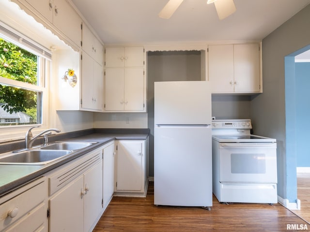 3 Starcevich Ct, Pekin, IL 61554 - kitchen featuring white appliances, dark wood-style floors, white cabinetry, and a ceiling fan