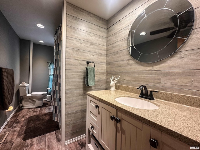 8373 State Route 93rd Rd, Toulon, IL 61483 - full bath with vanity, wood finished floors, wooden walls, and recessed lighting