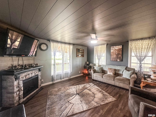 8373 State Route 93rd Rd, Toulon, IL 61483 - living room featuring healthy amount of natural light, a fireplace, wood finished floors, and wooden ceiling