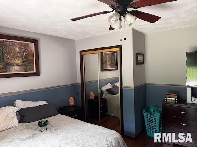 1415 E Sycamore St, Canton, IL 61520 - bedroom with dark wood-type flooring, a closet, and ceiling fan