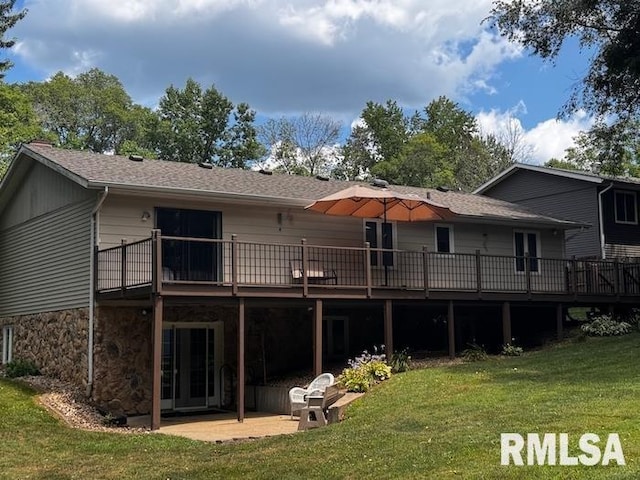 1415 E Sycamore St, Canton, IL 61520 - rear view of property with a lawn, a patio area, a wooden deck, a shingled roof, and french doors