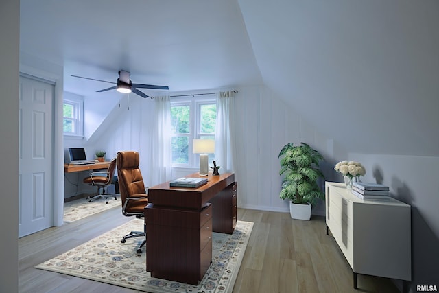 2129 Fondulac Dr, East Peoria, IL 61611 - office space with light wood-type flooring, a ceiling fan, and lofted ceiling