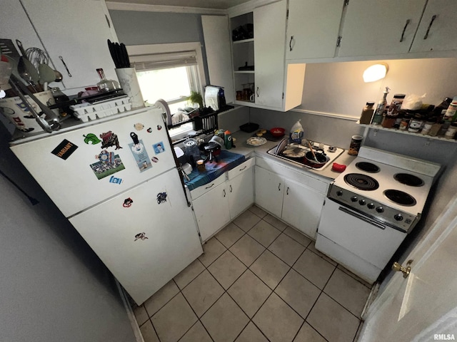 8701-8703 N Picture Ridge Rd, Peoria, IL 61615 - kitchen with white appliances, open shelves, light tile patterned flooring, white cabinets, and light countertops
