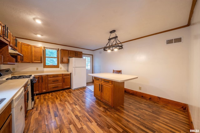 1025 E Maywood Ave, Peoria, IL 61603 - kitchen featuring white appliances, crown molding, brown cabinets, dark wood-style flooring, and light countertops