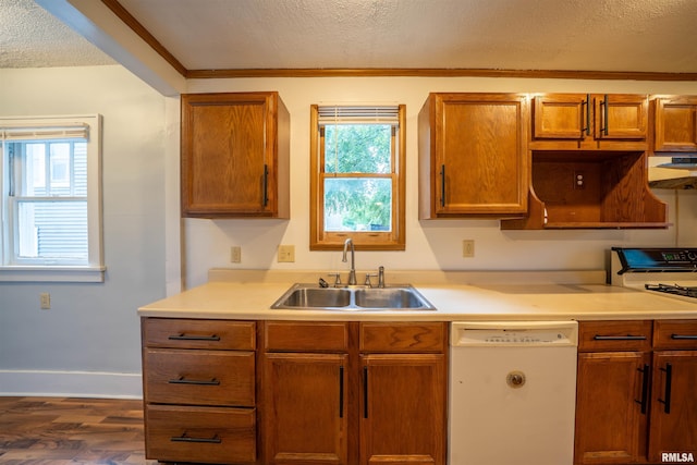 1025 E Maywood Ave, Peoria, IL 61603 - kitchen with dishwasher, a textured ceiling, stove, dark wood-style floors, and light countertops