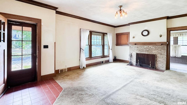 1113 N Summit Blvd, Peoria, IL 61606 - unfurnished living room with healthy amount of natural light, a fireplace, a chandelier, crown molding, and light tile patterned floors