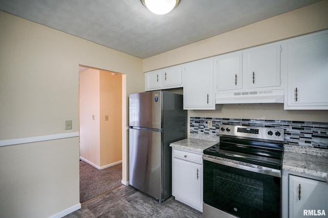 2705 W Millbrook Ct, Peoria, IL 61615 - kitchen with under cabinet range hood, stainless steel appliances, white cabinetry, and decorative backsplash