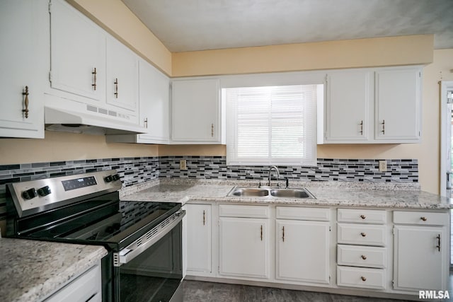 2705 W Millbrook Ct, Peoria, IL 61615 - kitchen with stainless steel range with electric stovetop, under cabinet range hood, and white cabinetry