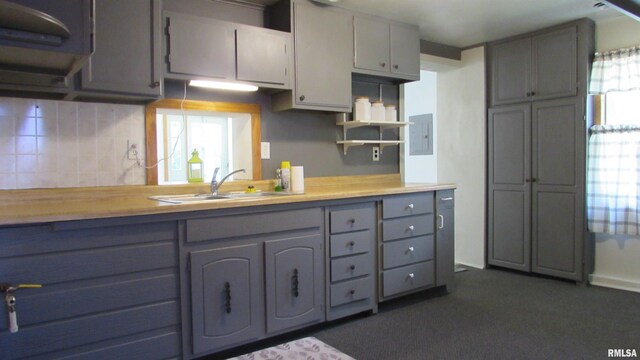 728 Hanna Dr, Pekin, IL 61554 - kitchen featuring gray cabinets, backsplash, light countertops, and open shelves