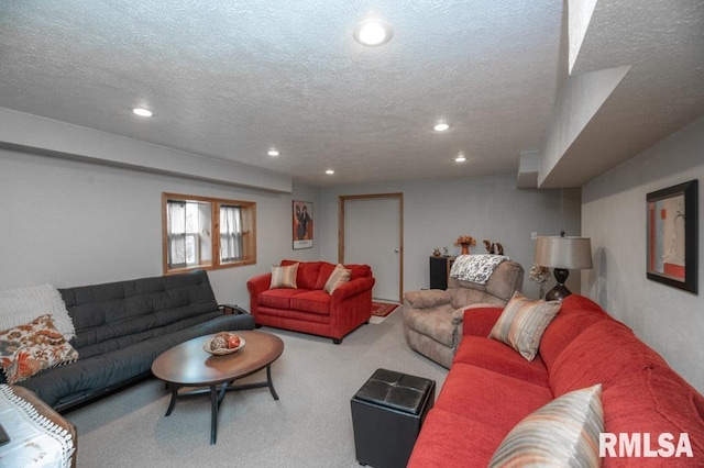 1701 Woodland Knolls Rd, Metamora, IL 61548 - carpeted living room with a textured ceiling and recessed lighting