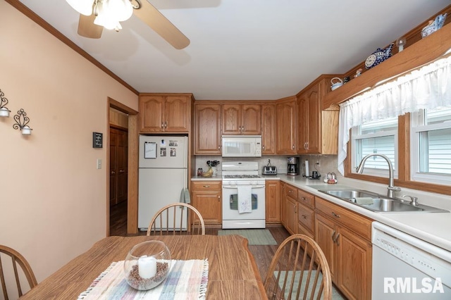 1701 Woodland Knolls Rd, Metamora, IL 61548 - kitchen featuring white appliances, light countertops, ceiling fan, and tasteful backsplash