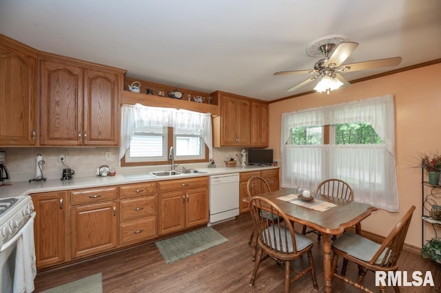 1701 Woodland Knolls Rd, Metamora, IL 61548 - kitchen featuring white appliances, ceiling fan, decorative backsplash, dark wood-type flooring, and healthy amount of natural light
