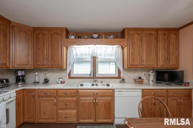 1701 Woodland Knolls Rd, Metamora, IL 61548 - kitchen with white appliances, backsplash, light countertops, and brown cabinets