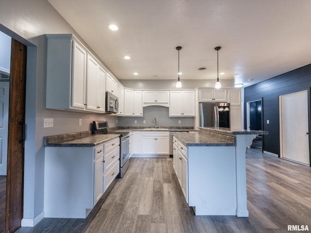 797 State Route 29th Hwy, Sparland, IL 61565 - kitchen featuring appliances with stainless steel finishes, a center island, wood finished floors, recessed lighting, and a breakfast bar