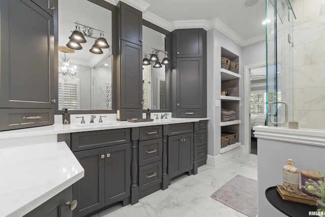 2815 W Windpointe Dr, Peoria, IL 61614 - bathroom featuring marble finish floors, ornamental molding, double vanity, a stall shower, and plenty of natural light