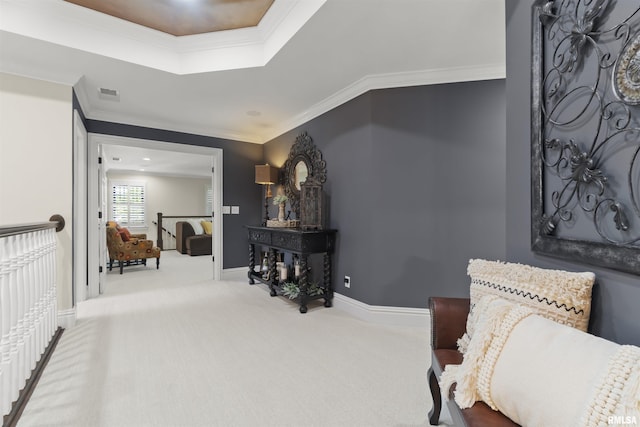 2815 W Windpointe Dr, Peoria, IL 61614 - living area with carpet floors, ornamental molding, and a raised ceiling