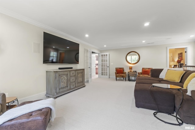 2815 W Windpointe Dr, Peoria, IL 61614 - carpeted living room featuring recessed lighting, ornamental molding, and french doors