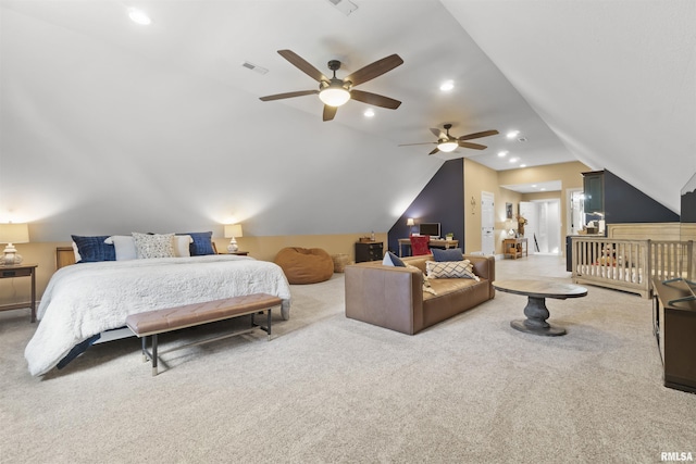 2815 W Windpointe Dr, Peoria, IL 61614 - carpeted bedroom featuring lofted ceiling, recessed lighting, and a ceiling fan
