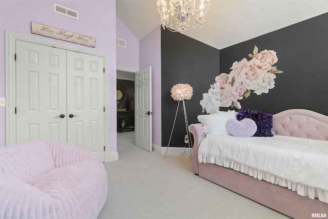 2815 W Windpointe Dr, Peoria, IL 61614 - bedroom with a chandelier, carpet flooring, a closet, and vaulted ceiling