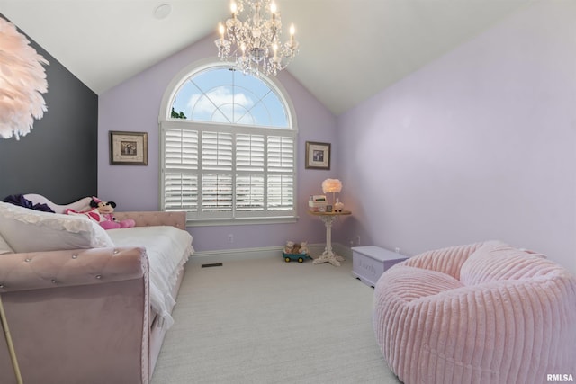 2815 W Windpointe Dr, Peoria, IL 61614 - carpeted bedroom featuring vaulted ceiling and a chandelier