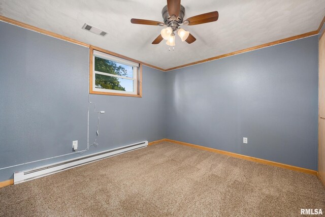 524 Crestview Dr, Metamora, IL 61548 - spare room with a baseboard heating unit, carpet flooring, ceiling fan, and ornamental molding