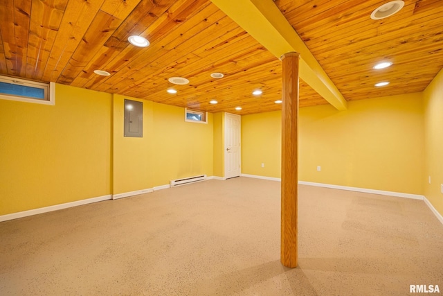 524 Crestview Dr, Metamora, IL 61548 - finished below grade area with electric panel, a baseboard radiator, wood ceiling, and recessed lighting