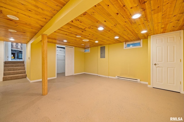 524 Crestview Dr, Metamora, IL 61548 - finished basement featuring baseboard heating, electric panel, stairway, recessed lighting, and wood ceiling