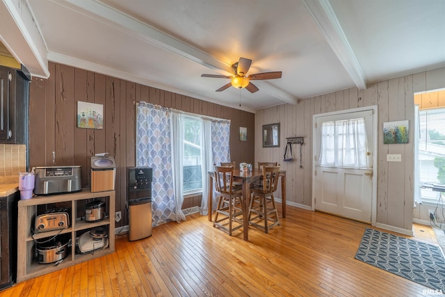 1922 W Rohmann Ave, West Peoria, IL 61604 - dining room featuring hardwood / wood-style floors, beamed ceiling, a ceiling fan, healthy amount of natural light, and wooden walls