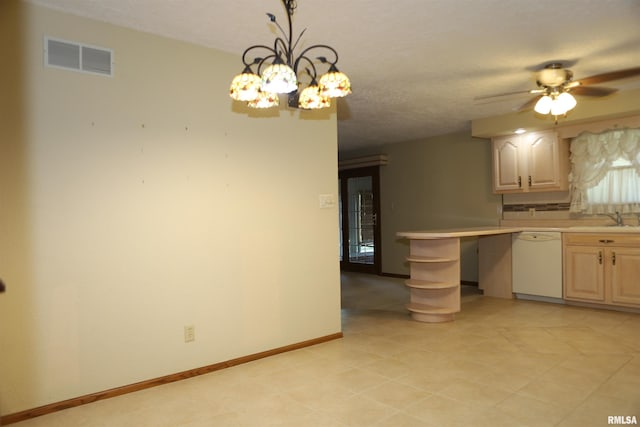 307 N Toepfer St, Tremont, IL 61568 - kitchen with white dishwasher, a ceiling fan, light countertops, open shelves, and decorative light fixtures