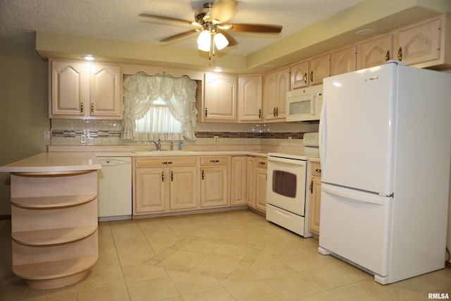 307 N Toepfer St, Tremont, IL 61568 - kitchen featuring white appliances, open shelves, light brown cabinets, light countertops, and a textured ceiling