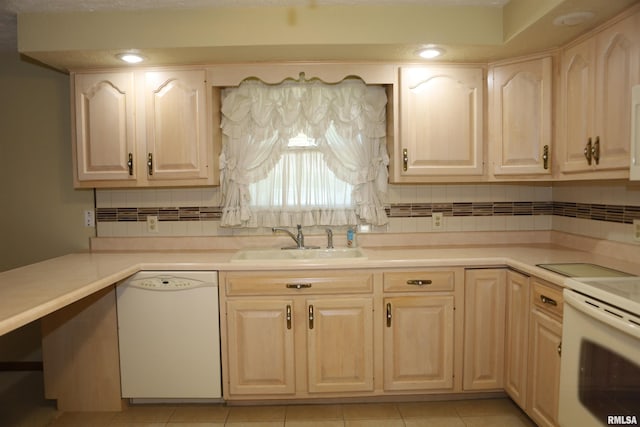 307 N Toepfer St, Tremont, IL 61568 - kitchen with white appliances, tasteful backsplash, light tile patterned floors, and light countertops