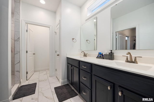 109 E Lee St, Tremont, IL 61568 - bathroom featuring marble look tile flooring, double vanity, a shower, and recessed lighting