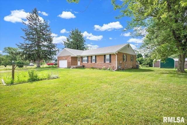 14100 Glasford-Canton Rd, Glasford, IL 61533 - single story home with brick siding, a front yard, an attached garage, and a shed