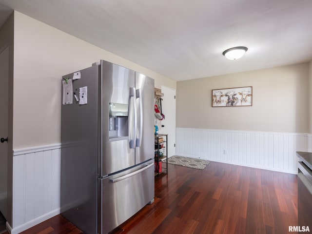 1100 Hampton Rd, Washington, IL 61571 - kitchen with stainless steel fridge, a wainscoted wall, and wood finished floors