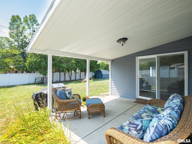 1100 Hampton Rd, Washington, IL 61571 - fenced backyard featuring a patio area, a storage shed, a grill, and an outdoor living space