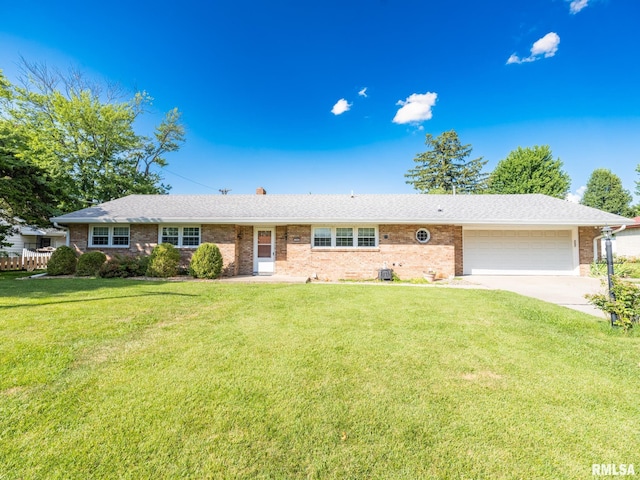 204 Ivanhoe Way, Bloomington, IL 61701 - ranch-style house with brick siding, a garage, a front lawn, concrete driveway, and a chimney