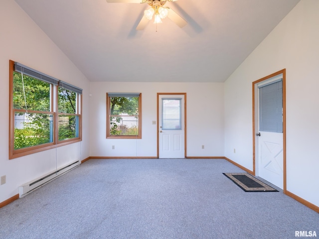 204 Ivanhoe Way, Bloomington, IL 61701 - carpeted empty room with a baseboard heating unit, vaulted ceiling, and ceiling fan