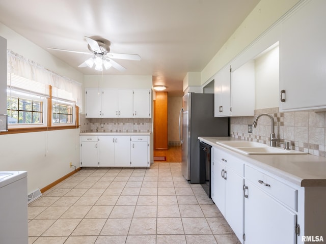 204 Ivanhoe Way, Bloomington, IL 61701 - kitchen featuring a ceiling fan, tasteful backsplash, light countertops, white cabinetry, and dishwasher