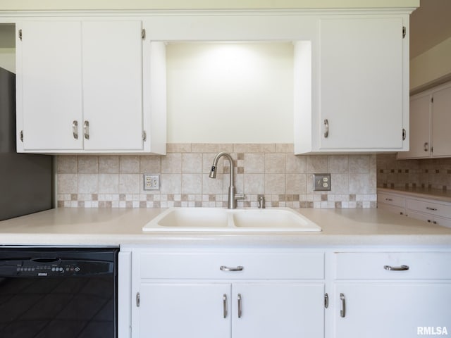 204 Ivanhoe Way, Bloomington, IL 61701 - kitchen featuring black dishwasher, backsplash, white cabinets, and light countertops