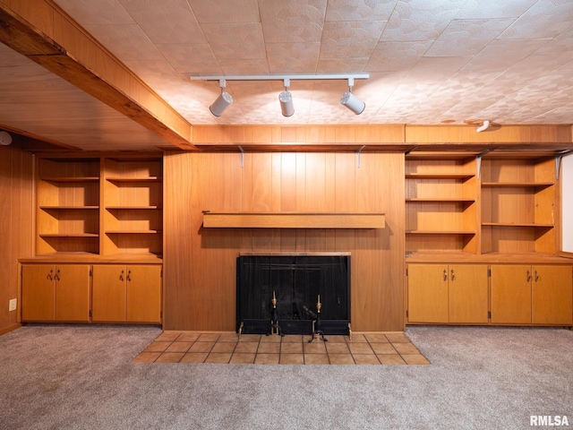 204 Ivanhoe Way, Bloomington, IL 61701 - unfurnished living room featuring track lighting, a fireplace with flush hearth, carpet flooring, and wood walls