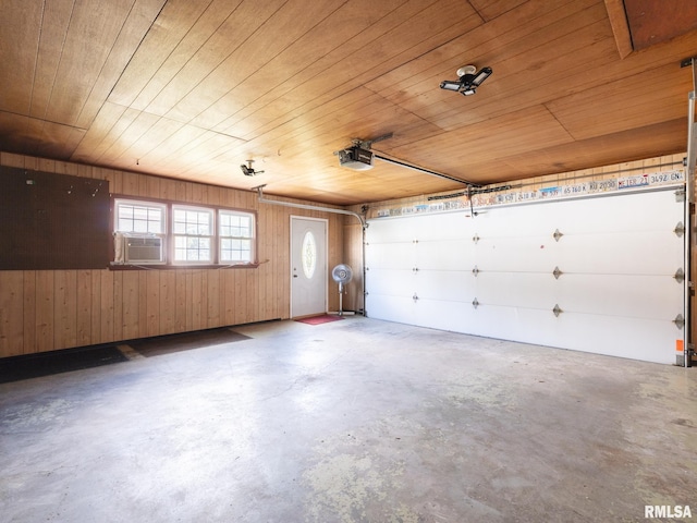 204 Ivanhoe Way, Bloomington, IL 61701 - garage featuring a garage door opener, wooden ceiling, wood walls, and cooling unit