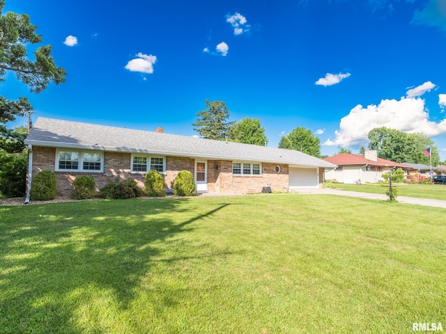 204 Ivanhoe Way, Bloomington, IL 61701 - ranch-style home with a garage, driveway, brick siding, a front lawn, and a chimney
