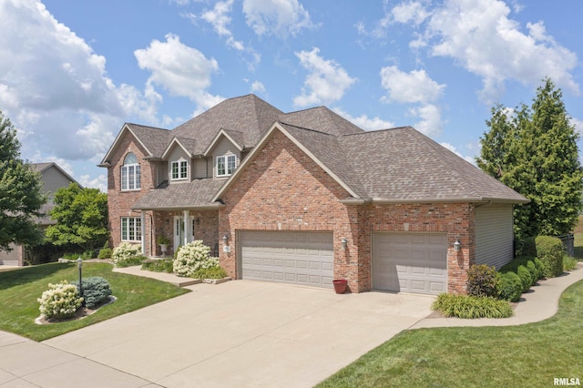 10615 N Collett Rd, Peoria, IL 61615 - traditional-style home with brick siding, a garage, a front yard, concrete driveway, and a shingled roof