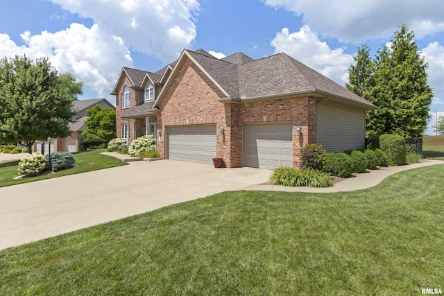10615 N Collett Rd, Peoria, IL 61615 - view of side of property featuring a garage, brick siding, a lawn, a shingled roof, and driveway