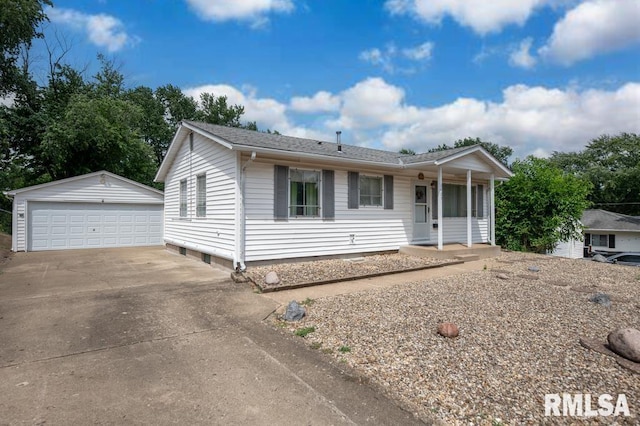 1425 Arthur St, Pekin, IL 61554 - ranch-style home with an outdoor structure, covered porch, a detached garage, and roof with shingles