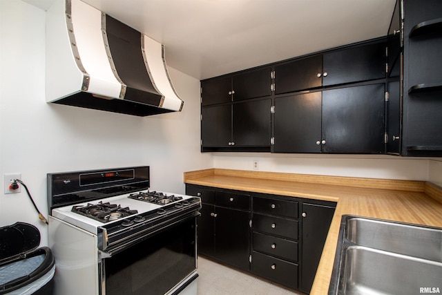 416 W Maple St, Chillicothe, IL 61523 - kitchen with gas range, exhaust hood, dark cabinets, light countertops, and light floors