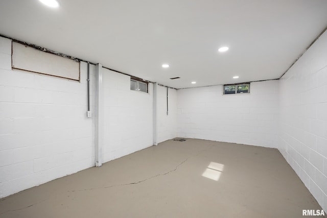 117 Hazel Ct, Creve Coeur, IL 61610 - below grade area with recessed lighting and concrete block wall
