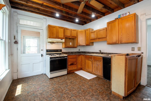 2211 N Bigelow St, Peoria, IL 61604 - kitchen with white gas range oven, dishwasher, under cabinet range hood, beamed ceiling, and ceiling fan